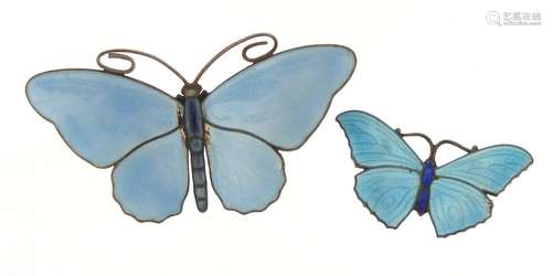 Norwegian silver and guilloche enamel butterfly brooch by Marius Hammer and a smaller example by J