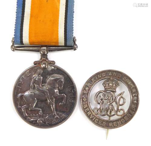 British military World War I 1914-18 war medal with Services Rendered badge, the war medal awarded