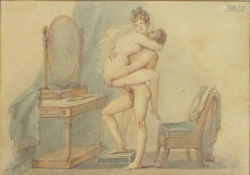 After Thomas Rowlandson - Erotic couple in an interior, print in colour, mounted, framed and glazed,