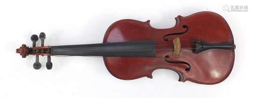 Old wooden violin with case, the violin back 13.25 inches in length : For Further Condition