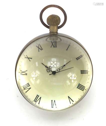 Large globular glass and brass desk clock, 9cm in diameter : For Further Condition Reports Please