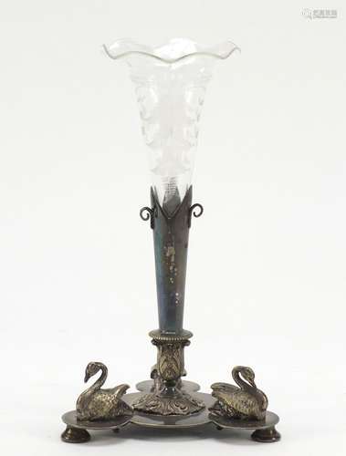 Silver plated epergne with swan mounts and etched glass shade, 23cm high : For Further Condition