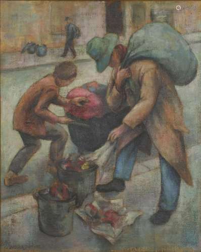 Attributed to Norman Cornish - Street life, oil on canvas, inscribed verso, framed, 80cm x 63.
