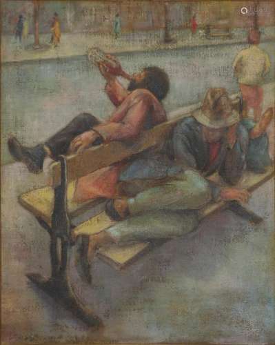 Attributed to Norman Cornish - Street life, oil on canvas, inscribed verso, framed, 80cm x 64cm :