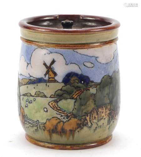 Royal Doulton stoneware tobacco jar hand painted with landscape, numbered 8468, 14.5cm high : For