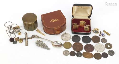 Antique and later objects including tokens, leather studs box and silver coins : For Further