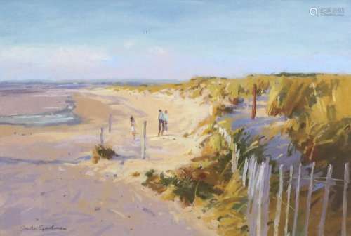 Sheila Goodman - Low tide at East Head, Wittering, pastel, label verso, mounted, framed and