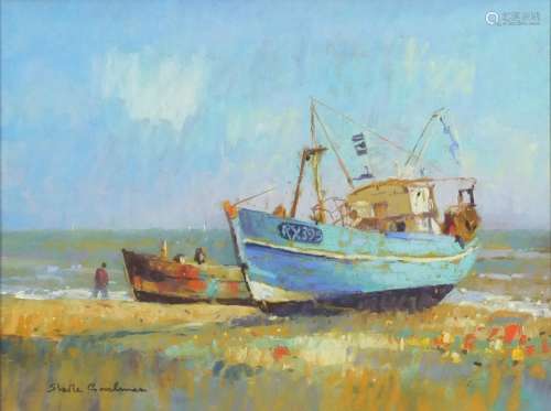 Sheila Goodman - Fishing boats, Hastings, pastel, label verso, mounted, framed and glazed, 30.5cm