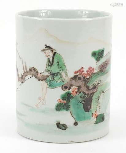 Chinese porcelain cylindrical brush pot, hand painted in the famille verte palette with a fisherman,