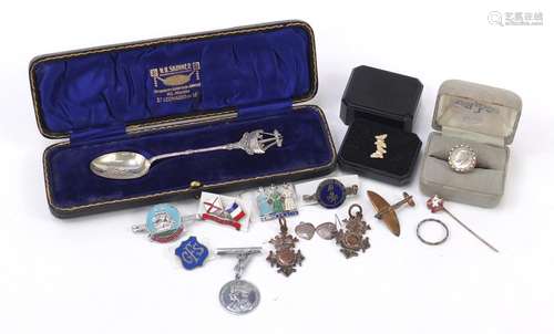 Objects including a silver spoon with fitted case, Spitfire brooch and butterfly earrings : For