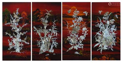 Set of four Chinese lacquered panels with mother of pearl inlay, each decorated and hand painted