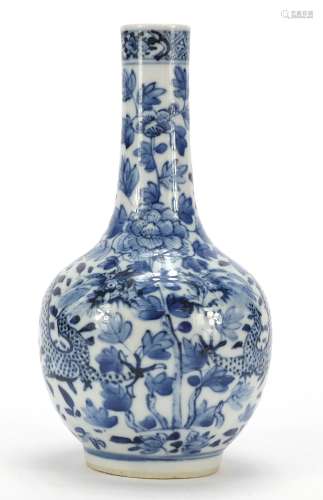 Chinese blue and white porcelain vase hand painted with dragons amongst flowers, four figure