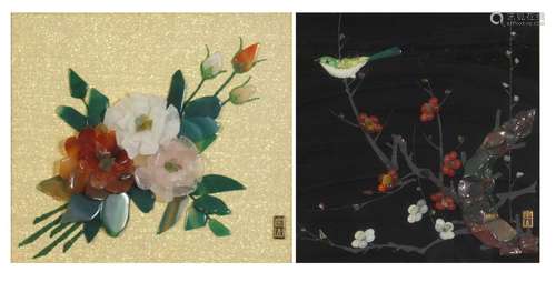 Two Japanese hardstone relief pictures of birds and flowers, each mounted, framed and glazed, the