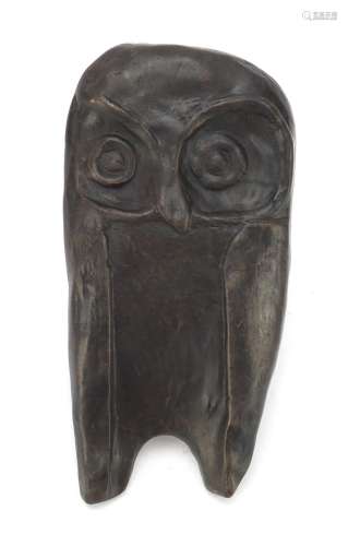 Modernist patinated bronze owl plaque in the manner of Gertrude Hermes, 20cm high : For Further