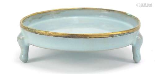 Chinese blue glazed porcelain tripod censer with gilt metal rim, 14cm in diameter : For Further