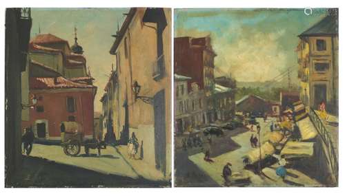 Spanish street scenes, pair of 20th century oil on boards, unframed, each 46.5cm x 42cm : For