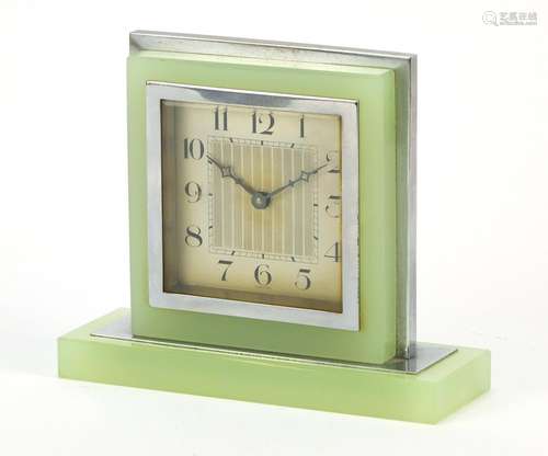 Art Deco chrome and lime green glass desk clock with silvered dial having Arabic numerals, 12cm high