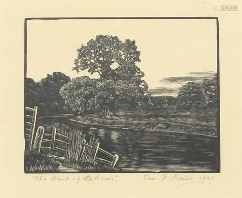 George Reiss 1929 - The bend of the river, pencil signed woodcut, mounted, framed and glazed, 19.5cm