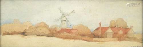 G A M Roe - Town before a windmill, watercolour, mounted, framed and glazed, 24.5cm x 8.5cm : For