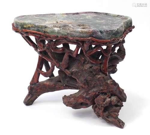 Chinese fluorite specimen tea table raised on a gnarled root base, 57cm H x 74cm W x 50cm D : For