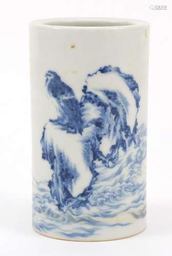 Chinese blue and white porcelain brush pot, finely hand painted with an eagle on a rock amongst