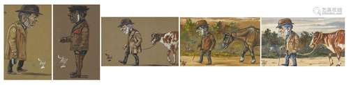 Nap - Farmer with cattle and gentleman smoking, five watercolour illustrations, each mounted and