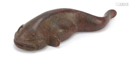 Large Japanese patinated bronze catfish, impressed character marks to the underside, 10.5cm in