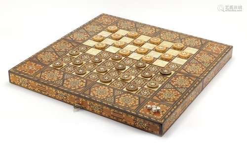 Moorish style Syrian inlaid folding games board with draughts, 50cm x 50cm : For Further Condition