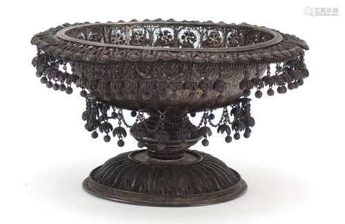 Good Indian Raj silver filigree pedestal bowl with tassel drops, 13.5cm high x 24cm in diameter,