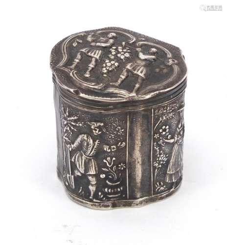 Antique Dutch silver peppermint box embossed with figures, 3.2cm high, 16.4g : For Further Condition