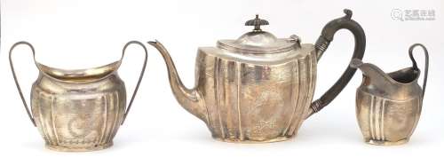Edward VII silver three piece tea set by George Nathan and Ridley Hayes, Chester 1910, the teapot