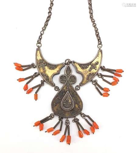 Middle Eastern unmarked silver pendant on chain with coral drops, possibly Indian or Berber