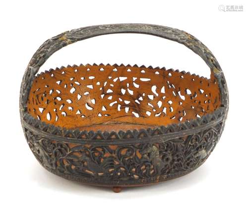 Anglo Indian coconut basket, finely carved with animals amongst flowers and foliage, 18cm wide : For