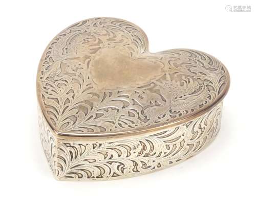 American sterling silver love heart shaped jewel box with velvet lined interior, numbered 504 to the