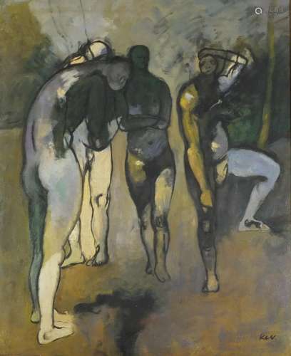 Four nude males, Welsh school oil on board, mounted and framed, 60cm x 50cm : For Further