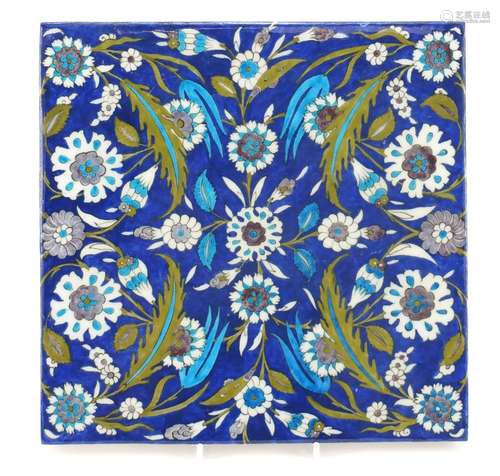 Large Turkish Iznik pottery tile fragment hand painted with flowers, 28cm x 28cm : For Further