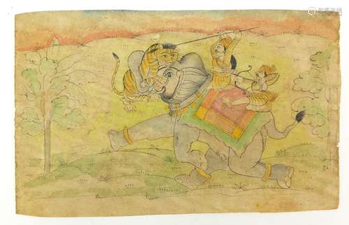 Two soldiers on an elephant hunting tiger, 19th century Indian Kishangarh school painting, unframed,