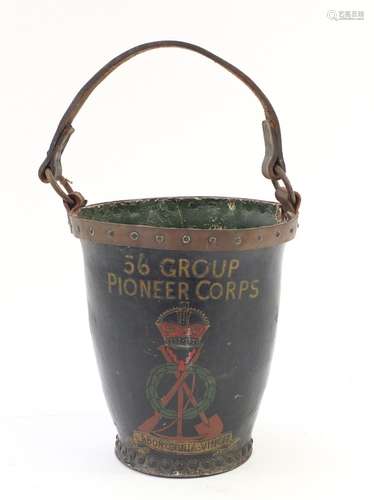 19th century military interest leather fire bucket hand painted with 56th Group Pioneer Corps