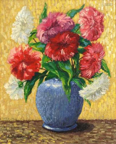 Arthur Baker-Clack - Still life dahlias, oil on board, mounted and framed, 32cm x 26cm : For Further