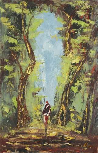 Figure walking through woodland, Australian school oil on canvas inscribed R Crooke verso, unframed,