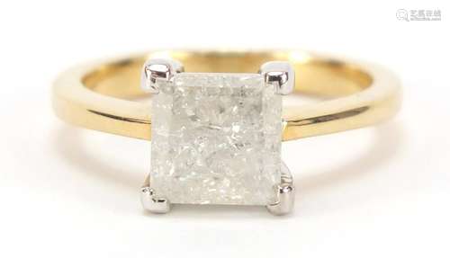 18ct gold princess cut diamond ring, approximately 2.20 carat, size M, 4.9g : For Further