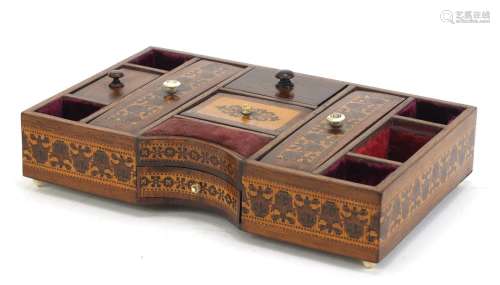 Victorian Tunbridge ware desk tidy with micro mosaic floral inlay and base drawer, 6cm H x 28.5cm