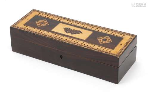 Victorian Tunbridge ware card box with cribbage board hinged lid inlaid with a butterfly, 6cm H x