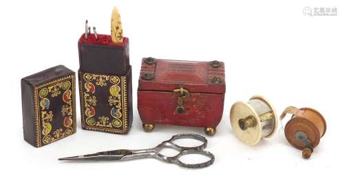 19th century sewing items comprising a tooled leather needle case in the form of a tea caddy,