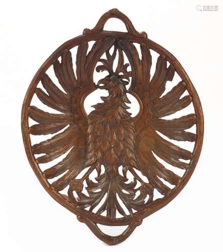 Black Forest basket with twin handles finely carved with a winged eagle, 36.5cm wide : For Further