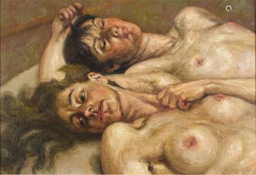 After Lucien Freud - Two nude lovers, oil on board, mounted and framed, 62cm x 42cm : For Further