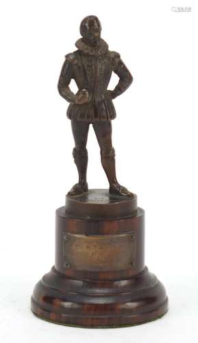 Early 20th century patinated bronze bowling trophy in the form of Sir Francis Drake, presented to