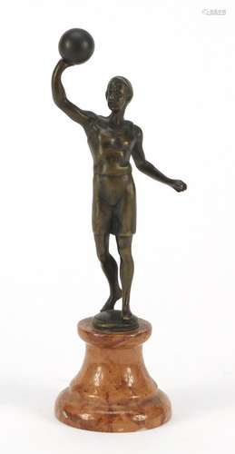 Patinated bronze figure of an Art Deco athlete raised on a circular marble base, 20cm high : For