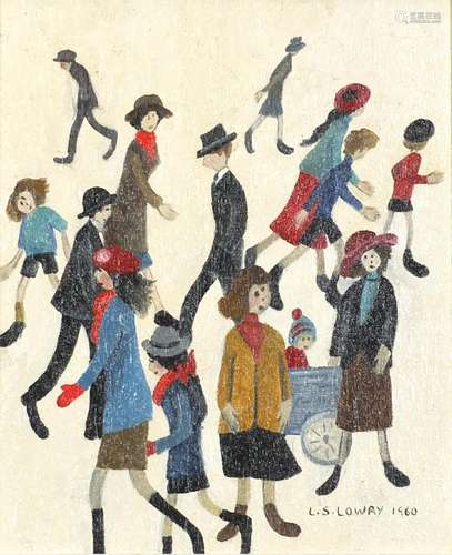 After Laurence Stephen Lowry - Figures walking around, oil on canvas, mounted and framed, 29cm x