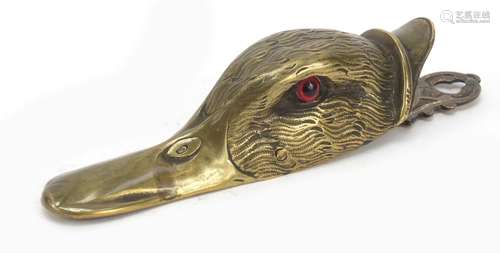 Victorian engraved brass letter clip in the form of a ducks head with beaded glass eyes, 15.5cm in